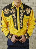 kkboxly kkboxly  Vintage Floral Print Men's Color Block Long Sleeve Button Up Shirt For Spring Fall, Men's Banquet Dress