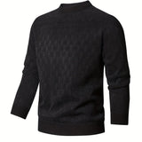kkboxly  All Match Knitted Geometric Pattern Sweater, Men's Casual Warm Slightly Stretch Stand Collar Pullover Sweater For Fall Winter