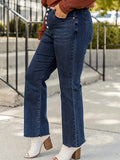 kkboxly  Plus Size Casual Jeans, Women's Plus Solid Button Fly Medium Stretch Flared Leg Jeans