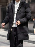 kkboxly  Classic Design Warm Hooded Jacket, Men's Casual Solid Color Zip Up Cotton Padded Overcoat For Fall Winter Outdoor