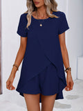 kkboxly  Solid Casual Two-piece Set, Short Sleeve Asymmetrical Hem Long Length T-shirt & Elastic Waist Shorts Outfits, Women's Clothing