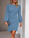 kkboxly  Solid Crew Neck Dress, Elegant Long Sleeve Ruffle Hem Dress, Women's Clothing