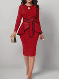 kkboxly Elegant Work Two-piece Set, Long Sleeve Keyhole Tops & Bag Hip Knee Length Skirts Outfits, Women's Clothing