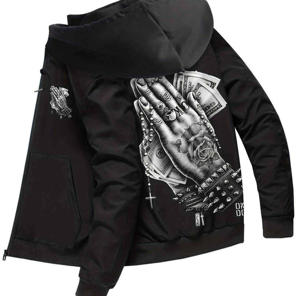 kkboxly  Praying Hands Print Men's Hooded Jacket Casual Long Sleeve Hoodies With Zipper Gym Sports Hooded Coat For Spring Fall