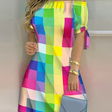 kkboxly  Color Block Off Shoulder Dress, Elegant Backless Short Sleeve Dress For Spring & Summer, Women's Clothing