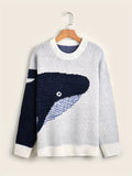 kkboxly  Cartoon Whale Print, Loose Fit Warm Sweater, Men's Casual Retro Style Slightly Stretch Crew Neck Pullover Sweater For Fall Winter