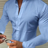 kkboxly  Trendy Men's Casual Solid Long Sleeve Shirt With Mandarin Collar Design, Men's Shirt For Summer, Tops For Men, Gift For Men