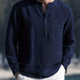 kkboxly  Cotton Linen Tops, Men's Plus Size Loose Casual Streetwear With Pocket, Simple All-match Solid O-Neck Long Sleeve Shirts