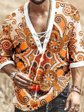 kkboxly  Men's Bohemian Pattern Shirt Top V Neck Lace Up Collar 3/4 Sleeves Closure Regular Fit Male Casual Shirt For Daily Beach Resorts
