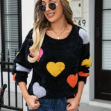 kkboxly Heart Pattern Crew Neck Fleece Sweater, Valentine's Day Long Sleeve Cozy Pullover Sweater, Women's Clothing