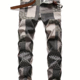kkboxly  Plaid Allover Print Jeans, Men's Casual Patchwork Style Creative Cotton Blend Denim Pants For Spring Summer