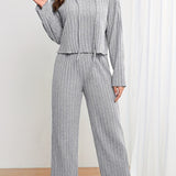 kkboxly  Casual Solid Knit Two-piece Set, Long Sleeve Drawstring Hoodie & Wide Leg Pants Outfits, Women's Clothing