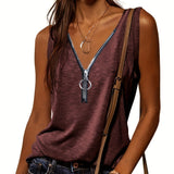 kkboxly  Casual V-neck Zipper Cami Top, Solid Fashion Sleeveless Loose Summer Fit Tank Top, Women's Clothing