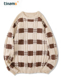 Preppy Stripes Pattern Knitted Sweater, Men's Loose Casual Warm Mid Stretch Crew Neck Pullover Sweater For Men Fall Winter