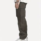 kkboxly  Men's Drawstring Multi-Pocket Heavyweight 100% Cotton Cargo Pants, Casual Pants, Straight Leg Pants, Men's Everyday, Outdoor Bottoms, Tactical Trousers