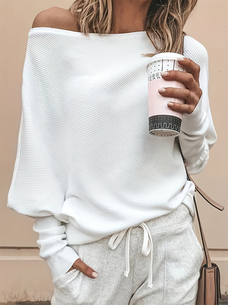 kkboxly  Solid Off Shoulder Pullover Sweater, Casual Long Batwing Sleeve Sweater For Spring & Fall, Women's Clothing