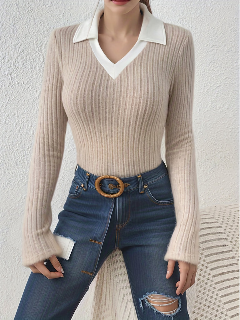 kkboxly  Slim Rib Knit Sweater, Casual V Neck Long Sleeve Sweater, Women's Clothing