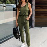 kkboxly  Sleeveless Drawstring Jumpsuit, Casual Versatile Solid Jumpsuit, Women's Clothing
