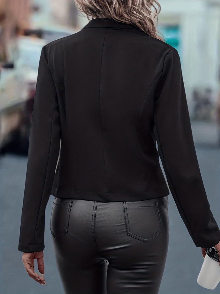 Solid Open Front Crop Blazer, Elegant Button Decor Lapel Blazer, Women's Clothing
