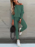 kkboxly Casual Solid Sports Two-piece Set, With Slanted Shoulder Long Sleeve Hoodies & Tied Striped Pants Set, Women's Clothing