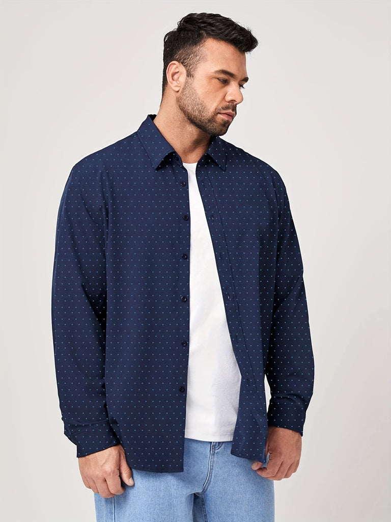 kkboxly  Plus Size Men's Polka Dot Shirt Long Sleeve Classic Lapel Shirt Work Tops For Big And Tall Men Daily Business Outfit