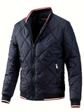 kkboxly  Men's Argyle Pattern Puffer Coat With Zipper Pocket, Casual Stand Collar Zip Up Slim Fit Warm Jacket For Outdoor Winter