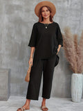 kkboxly Solid Simple Two-piece Est, Crew Neck 3/4 Sleeve Tops & Wide Leg Pants Outfits, Women's Clothing