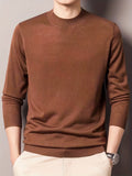 kkboxly  All Match Knitted Sweater, Men's Casual Warm Mid Stretch Solid Color Crew Neck Pullover Sweater For Fall Winter