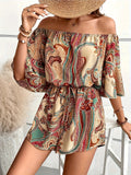 kkboxly  Paisley Print Off Shoulder Romper Jumpsuit, Elegant Short Sleeve Drawstring Waist Romper Jumpsuit, Women's Clothing