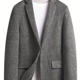 kkboxly  Wool Blend Elegant Plaid Blazer, Men's Casual Flap Pocket Button Up Sports Coat For Fall Winter Business Banquet
