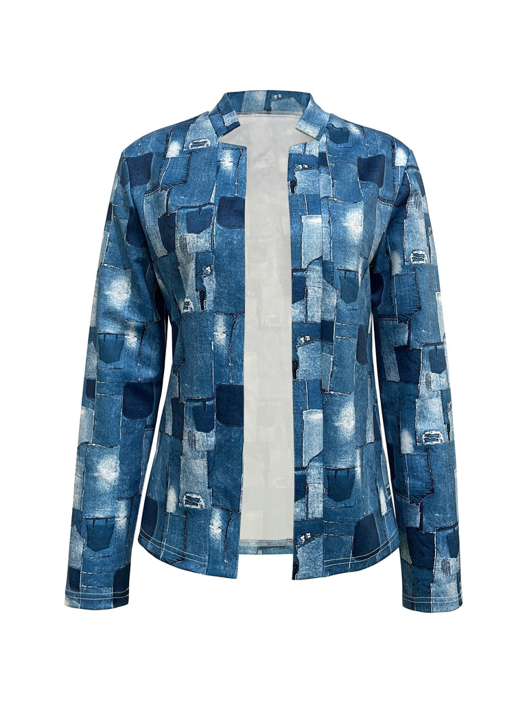 kkboxly  Patchwork Print Tops, Casual Open Front Long Sleeve Outerwear, Women's Clothing