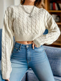 kkboxly  Cable Knit Crop Sweater, Long Sleeve Casual Sweater, Women's Clothing