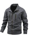 kkboxly  Chic Windbreaker Jacket, Men's Casual Stand Collar Cargo Jacket For Outdoor Activities