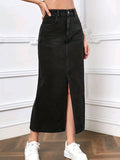 Black Slant Pockets Denim Midi Skirt, Non-Stretch Split Casual Denim Skirt, Women's Denim Clothing