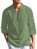 kkboxly  Men's Casual Cotton Linen Shirt Solid Color Drawstring Shirt