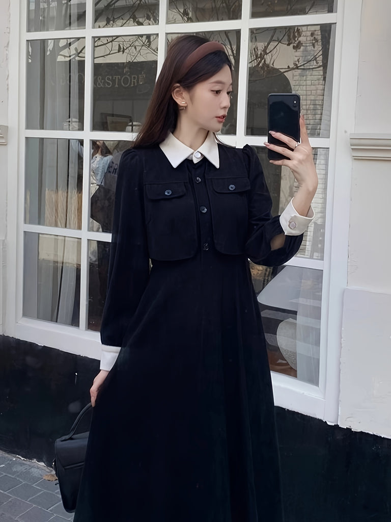 kkboxly  Contrast Trim Single Breasted Dress, Vintage Long Sleeve Aline Swing Dress For Spring & Fall, Women's Clothing
