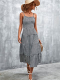 kkboxly  Plaid Ruffle Hem Cami Dress, Casual Backless Lace Up Spaghetti Dress, Women's Clothing