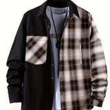 Men's Casual Cotton Stitch Plaid Button Up Shirt With Chest Pocket, Male Clothes For Spring And Fall