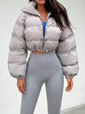 kkboxly  Solid Full Zipper Crop Coat, Warm Stand Collar Lightweight Coat, Outerwear For Fall & Winter, Women's Clothing