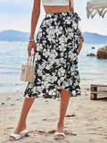 kkboxly  Floral Print Wrap Tie Skirt, Holiday High Waist Skirt, Women's Clothing