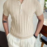 Vertical Striped Chic Shirt, Men's Casual Solid Color High Stretch V-Neck Pullover Sweater For Summer