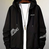 Letter Print Zip Up Hoodie, Men's Casual Hooded Jacket For Fitness