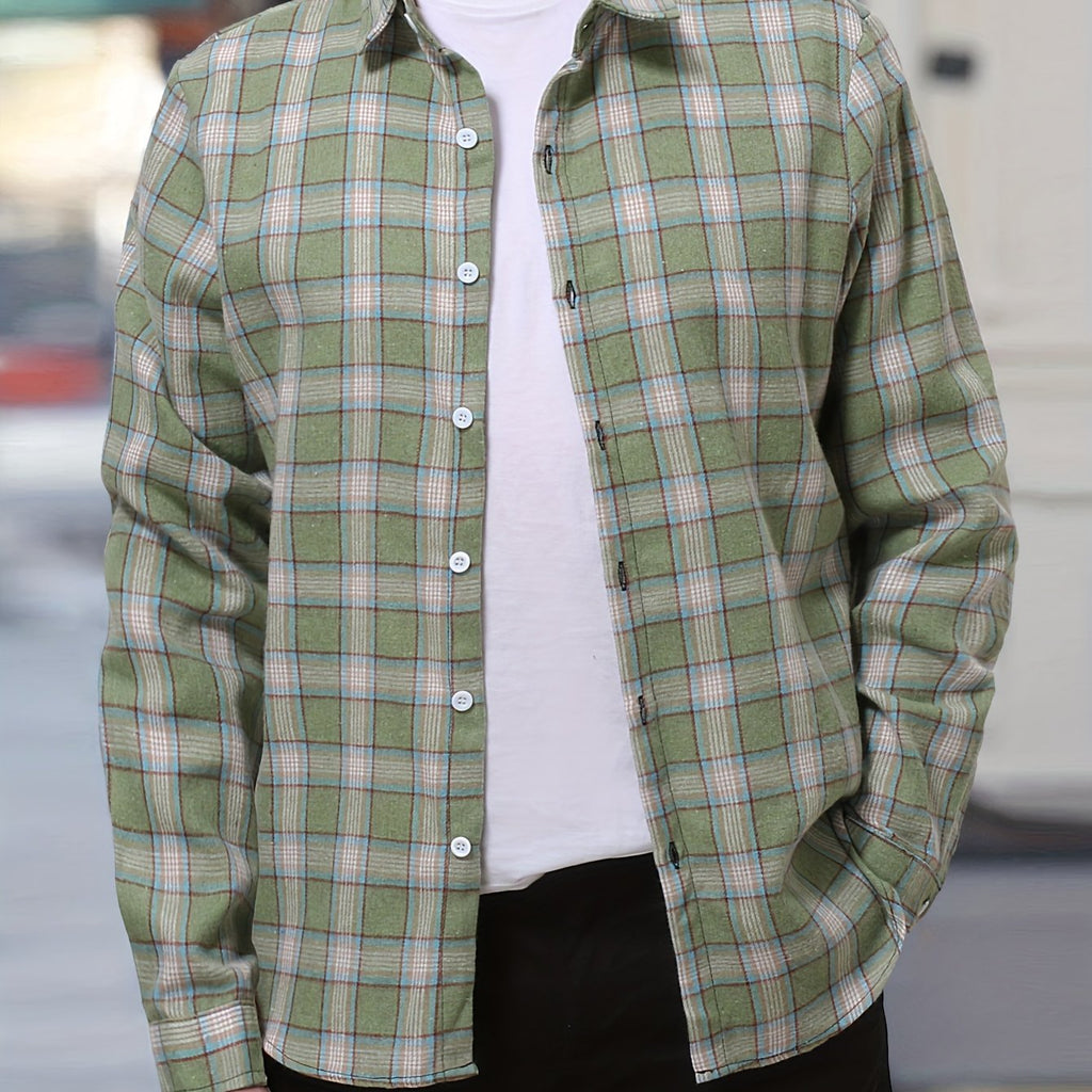 kkboxly  Plus Size Men's Plaid Shirt Oversized Long Sleeve Shirt For Fall Winter, Men's Clothing