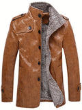Men's Warm Fleece PU Jacket For Fall Winter, Casual Button Up Stand Collar Faux Leather Jacket