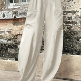 kkboxly  Plus Size Casual Pants, Women's Plus Solid Elastic High Rise Slight Stretch Loose Pants With Pockets