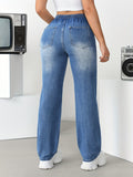 kkboxly  Women's Casual Jeans, Plus Size Drawstring Waistband Whiskering Washed Blue Comfy Denim Pants