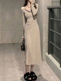 kkboxly  Button Front Skew Neck Split Dress, Casual Long Sleeve Knit A-line Dress For Spring & Fall, Women's Clothing