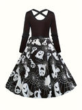 kkboxly  Halloween Ghost Print A-line Dress, Long Sleeve Crisscross Dress, Women's Clothing