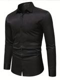 kkboxly  Slim Fit Shirt, Men's Semi Formal Lapel Button Up Long Sleeve Shirt For Spring Summer Business