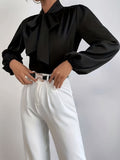 Solid Tie Neck Blouse, Elegant Lantern Sleeve Blouse For Spring & Fall, Women's Clothing